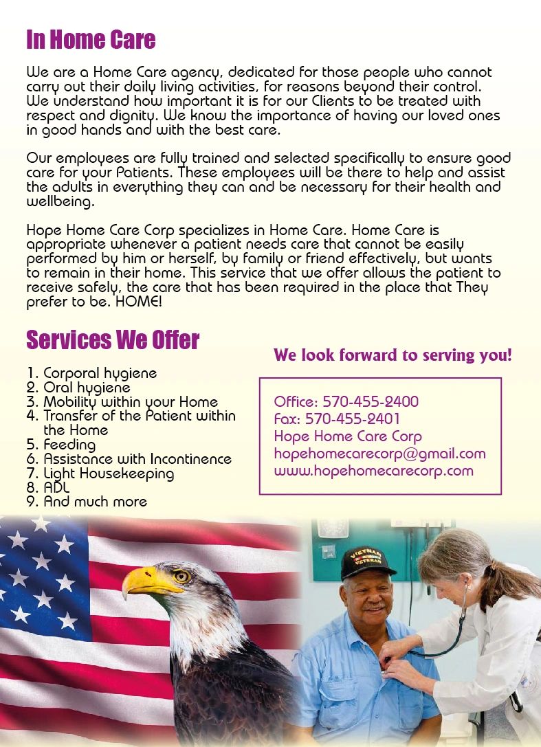 Hope Home Care Corp informational flyer